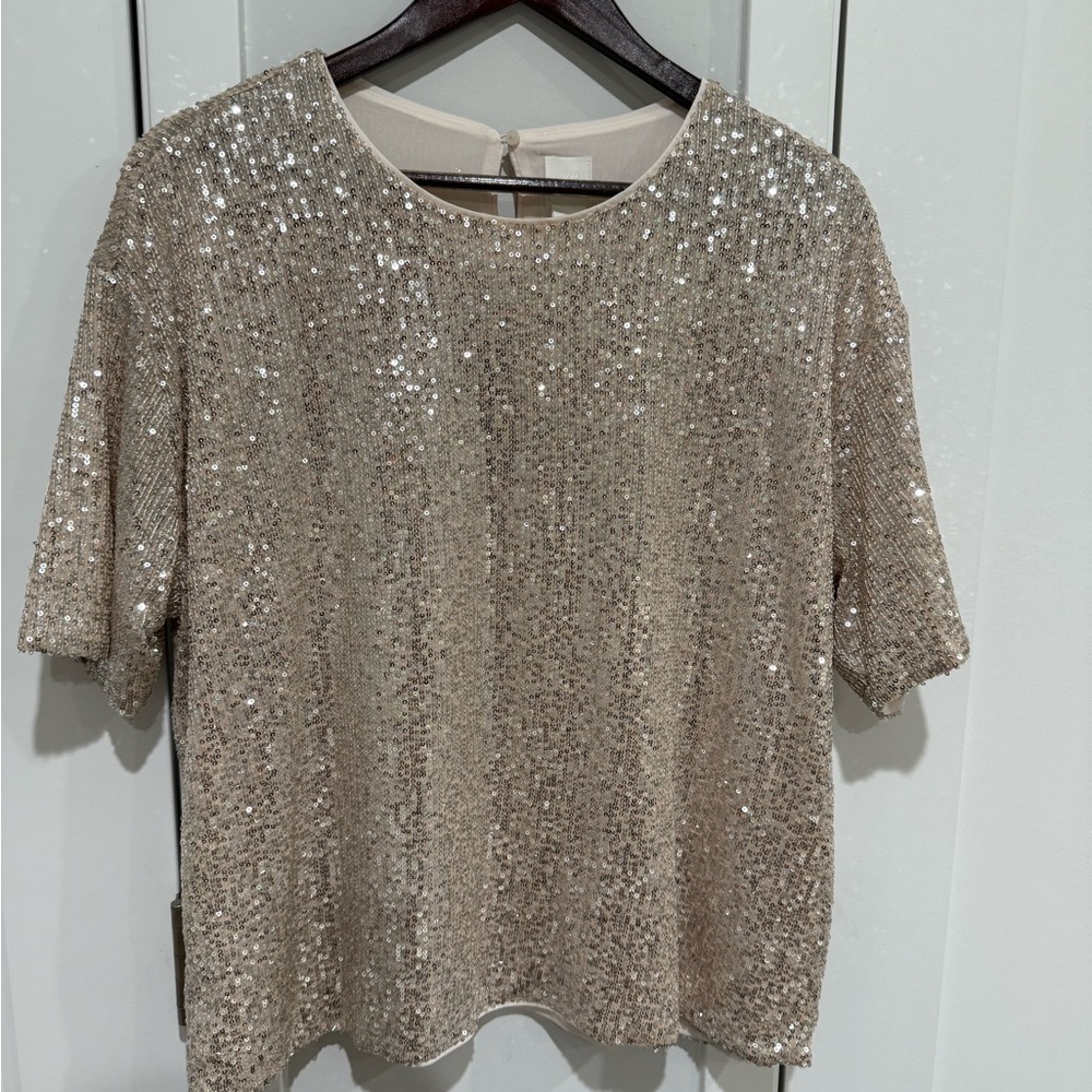 H&M Gold Sequin Boxy Blouse Short Sleeve